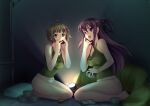  2girls black_ribbon breasts brown_eyes brown_hair commentary_request cowlick dog_tags eating flashlight food from_side fujisawa_tsukiko green_tank_top hair_ribbon highres holding holding_food kneeling long_hair looking_at_viewer medium_breasts miura_sonoko miyata_sou multiple_girls muv-luv muv-luv_alternative muv-luv_alternative_chronicles official_art panties purple_eyes purple_hair ribbon short_hair tank_top underwear very_long_hair white_panties 