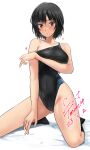  1girl amagami black_hair black_one-piece_swimsuit black_socks bob_cut brown_eyes clothes_pull competition_swimsuit dated highleg highleg_swimsuit highres kneeling nanasaki_ai one-piece_swimsuit one-piece_swimsuit_pull one-piece_tan short_hair signature simple_background socks solo swimsuit tan tanlines two-tone_swimsuit white_background yoo_tenchi 