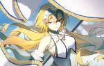  1girl absurdres banner bare_shoulders blonde_hair blue_eyes breast_curtains breasts chain closed_mouth fate/grand_order fate_(series) fur_trim headpiece highres idass_(idass16) jeanne_d&#039;arc_(fate) large_breasts long_hair looking_at_viewer sideboob smile solo upper_body very_long_hair 