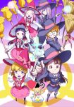  6+girls :d asahina_mirai blonde_hair broom brown_hair closed_eyes commentary_request crossover dress eyelashes glasses gradient_background green_eyes hanami_kotoha happy hat highres holding holding_broom izayoi_liko kagari_atsuko little_witch_academia looking_at_viewer lotte_jansson magical_girl mahou_girls_precure! matatabi_(karukan222) mofurun_(mahou_girls_precure!) multiple_girls open_mouth pink_eyes pink_headwear precure purple_eyes purple_hair shoes smile socks standing sucy_manbavaran trait_connection wand witch witch_hat 