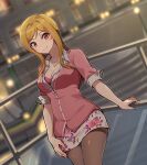  1girl black_pantyhose blonde_hair blush bra bra_peek breasts cardigan cleavage collarbone commentary_request cowboy_shot floral_print idolmaster idolmaster_million_live! idolmaster_million_live!_theater_days jewelry kamille_(vcx68) lamppost light long_hair long_sleeves looking_at_viewer medium_breasts miniskirt momose_rio necklace on_roof outdoors pantyhose pink_cardigan pink_nails red_eyes rooftop shirt skirt sleeves_rolled_up smile solo underwear white_shirt 