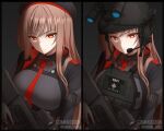  assault_rifle beret black_headwear black_jacket black_shirt breasts bulletproof_vest collared_shirt commission goddess_of_victory:_nikke gun hat headset helmet highres holding holding_weapon jacket large_breasts light_brown_hair long_hair looking_at_viewer mikhail_n multiple_views necktie plate_carrier rapi_(nikke) red_eyes red_jacket red_necktie rifle shirt tactical_clothes twitter_username two-sided_fabric two-sided_jacket weapon 