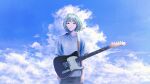  1other ambiguous_gender androgynous black_eyes black_shorts blue_hair blue_shirt closed_mouth cloud cloudy_sky commentary cowboy_shot electric_guitar fracoco gender_request guitar highres instrument looking_at_viewer original shirt short_hair short_sleeves shorts signature sky solo 