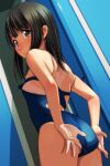  1girl absurdres adjusting_clothes adjusting_swimsuit ass back bare_arms black_eyes black_hair blue_one-piece_swimsuit clothes_pull competition_swimsuit cowboy_shot dutch_angle from_behind highres locker looking_at_viewer looking_back matsunaga_kouyou medium_hair one-piece_swimsuit one-piece_swimsuit_pull one-piece_tan original parted_lips solo standing swimsuit tan tanlines 