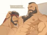  2boys abs bara beard blush chest_hair closed_eyes facial_hair headband highres large_pectorals looking_at_another male_focus mohawk multiple_boys muscular muscular_male navel nipples open_mouth pectorals red_headband ryker ryu_(street_fighter) smile street_fighter street_fighter_6 translation_request yaoi zangief 