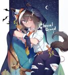  1girl alternate_costume animal_ears bat_(animal) black_pants blue_eyes bracelet breasts brown_hair chair character_name cheval_grand_(umamusume) cloak crescent_moon gloves halloween_costume highres hood hooded_cloak horse_ears horse_girl horse_tail jewelry looking_at_viewer moon multicolored_hair necktie one_eye_closed open_mouth orange_necktie pants partially_fingerless_gloves renma_(renma_0503) shirt shirt_tucked_in short_hair short_sleeves single_glove sitting_sideways small_breasts solo star_(sky) streaked_hair tail torn_clothes torn_pants twitter_username umamusume watermark white_shirt 