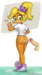  2023 accessory activision anthro bandicoot blonde_hair bodily_fluids bottomless bottomless_female butt clothed clothing coco_bandicoot crash_bandicoot_(series) cum cum_on_butt cum_on_shirt disembodied_penis ejaculation female flower flower_in_hair fur genital_fluids genitals green_eyes hair hair_accessory hi_res humanoid_genitalia humanoid_penis male mammal mario-grant marsupial orange_body orange_fur penis plant ponytail questionable_consent solo surprised_expression walking wide_eyed 