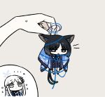  &gt;:( 1girl 2girls :&lt; animal_ears black_eyes black_hair blue_archive blue_halo blue_neckerchief blue_sailor_collar blue_skirt blue_string bright_pupils cat_ears cat_tail chan_co chibi full_body grey_background halo hanging haori japanese_clothes kikyou_(blue_archive) long_sleeves mini_person minigirl multiple_girls multiple_tails nagusa_(blue_archive) neckerchief pleated_skirt sailor_collar school_uniform serafuku short_hair simple_background skirt socks solo_focus tail two_tails v-shaped_eyebrows white_pupils white_serafuku white_socks 