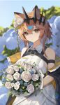  1girl absurdres animal_ears arknights bare_shoulders black_jacket blurry blurry_background bouquet brown_hair cat_ears cat_girl collared_dress crown dress flower hair_between_eyes highres holding holding_bouquet holding_flower jacket looking_at_viewer off_shoulder open_clothes open_jacket short_hair sleeveless sleeveless_dress smile solo vendela_(arknights) white_dress white_flower xiandai_quanru yellow_eyes 
