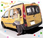  1girl bag black_pantyhose brown_eyes brown_footwear car cardigan food grey_sailor_collar grey_skirt grocery_bag highres holding holding_food kunikida_hanamaru leg_lift loafers long_sleeves looking_at_viewer love_live! love_live!_sunshine!! maruyo medium_hair motor_vehicle noppo_bread pantyhose renault renault_kangoo sailor_collar school_uniform shoes shopping_bag skirt smile teeth upper_teeth_only uranohoshi_school_uniform white_background winter_uniform yellow_cardigan yellow_eyes 