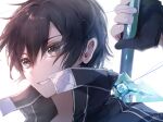  1boy black_coat black_eyes black_gloves black_hair coat commentary_request dated fingernails gloves hair_between_eyes hand_on_hilt hibiya_saeki high_collar highres holding holding_sword holding_weapon kirito looking_ahead male_focus parted_lips partially_fingerless_gloves sheath sheathed short_hair signature smile solo sword sword_art_online sword_on_back upper_body weapon weapon_on_back white_background 