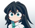  1girl black_hair black_shirt english_commentary green_eyes grey_background grey_jacket gundam gundam_build_divers gundam_build_divers_re:rise hair_between_eyes jacket komi-san_wa_komyushou_desu looking_at_viewer may:be may_(gundam_build_divers_re:rise) no_mouth parody portrait shirt solo wide-eyed 