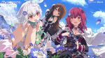 3girls ahegao arm_ribbon belt blue_sky blush breasts brown_hair cape character_request cleavage cloud deep_one_kyomu_to_mugen_no_fragment detached_collar elbow_gloves field flower flower_field gloves hair_between_eyes hair_flower hair_ornament hand_on_own_head hand_on_own_knee head_wreath long_hair looking_at_another medium_breasts multiple_girls official_art ogipote petals red_eyes red_hair ribbon short_hair skirt sky white_hair 