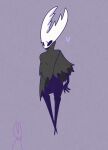  2girls arthropod_girl black_eyes black_skin blank_eyes blush blush_stickers cloak colored_skin commentary full_body genderswap genderswap_(otf) green_cloak hand_on_own_hip heart high_collar highres hollow_knight hollow_knight_(character) hornet_(hollow_knight) legs multiple_girls purple_background sakana_2-gou simple_background solo_focus spoken_heart standing 