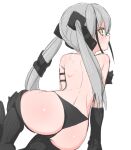  1girl ass back black_panties commentary_request destroyer_(girls&#039;_frontline) from_behind girls&#039;_frontline gloves grey_hair hair_ornament hiropon_(hiroto21111) long_hair looking_at_viewer mechanical_legs panties sangvis_ferri simple_background solo topless twintails underwear white_background yellow_eyes 