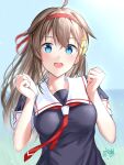  1girl ahoge alternate_hairstyle black_serafuku blue_eyes blush breasts brown_hair hair_flaps hair_ornament hair_ribbon hairband highres iwabuchi501 kantai_collection long_hair looking_at_viewer medium_breasts neckerchief open_mouth red_neckerchief ribbon school_uniform serafuku shigure_(kancolle) shigure_kai_ni_(kancolle) signature smile solo 