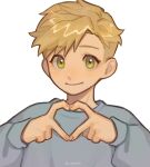  1boy aecorn alphonse_elric blonde_hair brown_outline close-up commentary english_commentary eyelashes fingernails fullmetal_alchemist grey_sweater hands_up heart heart_hands highres light_blush long_sleeves looking_at_viewer male_focus outline own_hands_together simple_background smile sweater swept_bangs tareme twitter_username upper_body white_background yellow_eyes 
