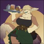  2023 absurd_res alcohol anthro beer beverage big_breasts black_border blonde_hair border breasts brown_body brown_fur brown_tail cleavage clothed clothing female food fur greasymojo hair hair_over_eyes hand_on_own_hip hi_res huge_breasts mammal multicolored_body multicolored_fur open_mouth portrait signature solo standing tail teeth thick_thighs three-quarter_portrait two_tone_tail white_body white_fur white_tail wide_hips 