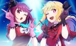  2girls ;d ;o arima_kana ascot black_bow black_choker black_gloves black_ribbon blonde_hair blush bob_cut bow capelet choker collared_shirt commentary english_commentary floating_hair frilled_capelet frilled_gloves frilled_sleeves frills gloves hair_bow hands_up hat hoshino_ruby hyoe_(hachiechi) idol idol_clothes index_finger_raised inverted_bob lens_flare long_hair looking_at_viewer medium_hair mini_hat multiple_girls neck_ribbon one_eye_closed open_mouth oshi_no_ko pink_eyes pink_gloves puffy_sleeves red_brooch red_capelet red_eyes red_hair red_shirt ribbon shirt sidelocks smile sparkle star-shaped_pupils star_(symbol) sweatdrop symbol-shaped_pupils teeth upper_body upper_teeth_only white_ascot 