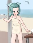  1girl absurdres apron aqua_ribbon beach bikini feet_out_of_frame forehead glass gradient_hair green_eyes green_hair hair_ribbon half_updo highres horizon kantai_collection maru_(marg0613) medium_hair multicolored_hair naked_apron ocean one-hour_drawing_challenge polka_dot polka_dot_ribbon ribbon solo string_bikini suzunami_(kancolle) swimsuit table tray white_apron 