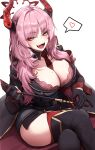  1girl absurdres belt black_belt black_gloves black_thighhighs blue_archive bra breasts cleavage demon_horns doyoon_7 fangs garter_straps gloves halo heart highres holding holding_riding_crop horns large_breasts long_hair military military_uniform mole mole_on_breast necktie open_mouth pink_eyes pink_hair red_bra red_necktie riding_crop satsuki_(blue_archive) solo spoken_heart thighhighs underwear uniform 