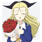  1girl assam_(girls_und_panzer) black_necktie black_ribbon blonde_hair blue_sweater blush bouquet closed_eyes dress_shirt facing_viewer flower girls_und_panzer grey_background hair_pulled_back hair_ribbon highres holding holding_bouquet ichinose_jun long_hair long_sleeves necktie open_mouth red_flower red_rose ribbon rose school_uniform shirt smile solo st._gloriana&#039;s_school_uniform sweater v-neck white_shirt wing_collar 