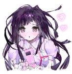  0ne_back 1girl black_hair blush brown_eyes collared_shirt danganronpa_(series) danganronpa_2:_goodbye_despair drooling eyelashes heart heart_in_eye holding holding_phone long_hair monomi_(danganronpa) open_mouth phone shirt solo sweat sweatdrop symbol_in_eye tsumiki_mikan 