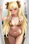  1girl alternate_costume animal_print arm_behind_back bikini blonde_hair blush english_commentary ereshkigal_(fate) ereshkigal_alter_(fate) fate/grand_order fate_(series) hair_ribbon highleg highleg_bikini highres leopard_print long_hair looking_at_viewer nail_polish open_mouth parted_bangs raskasar red_eyes ribbon solo sweat sweatdrop swimsuit tan very_long_hair 