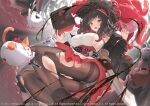  1girl :3 azur_lane book breasts brown_footwear brown_hair brown_pantyhose cross eyepatch fang feet_out_of_frame from_below hat holding holding_book iron_cross large_breasts long_hair looking_at_viewer meowfficer_(azur_lane) official_art open_mouth panties panties_under_pantyhose pantyhose peragura pirate_hat red_eyes royal_fortune_(azur_lane) scimitar sideboob skin_fang solo sword tentacle_hair torn_clothes torn_pantyhose underwear weapon white_panties 