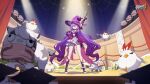 1girl anger_vein animal arm_up bird breasts chicken chinese_commentary cow fingerless_gloves full_body gloves hand_on_own_hip hat highres holding holding_wand honkai_(series) honkai_impact_3rd indoors jingwei_(bird) logo long_hair meme official_art official_wallpaper purple_hair purple_headwear sirin sirin_(miracle_magical_girl) skirt small_breasts standing stirrup_legwear teri_derp_(meme) toeless_legwear very_long_hair wand white_skirt witch_hat 