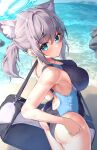  1girl absurdres animal_ear_fluff animal_ears ass bag bare_shoulders beach black_one-piece_swimsuit blue_archive blue_eyes blue_sky blush breasts closed_mouth competition_swimsuit cross_hair_ornament day extra_ears from_behind grey_hair hair_between_eyes hair_ornament halo highleg highleg_swimsuit highres large_breasts long_hair looking_at_viewer looking_back mismatched_pupils multicolored_clothes multicolored_swimsuit ocean one-piece_swimsuit outdoors ponytail shiroko_(blue_archive) shiroko_(swimsuit)_(blue_archive) shoulder_bag shumai_il sidelocks sky solo swimsuit thighs two-tone_swimsuit water wolf_ears 