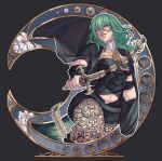  1girl absurdres black_coat breasts brooch byleth_(female)_(fire_emblem) byleth_(fire_emblem) cleavage coat coat_on_shoulders enlightened_byleth_(female) fire_emblem fire_emblem:_three_houses green_eyes green_hair highres holding holding_sword holding_weapon iaurencin jewelry knee_up large_breasts lips medium_hair pantyhose solo sword teeth weapon whip_sword 