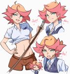  1girl amanda_o&#039;neill blush blush_stickers breasts closed_mouth green_eyes highres little_witch_academia looking_at_viewer luna_nova_school_uniform midriff multiple_views navel omiza_somi open_mouth orange_hair school_uniform short_hair simple_background small_breasts smile tank_top upper_body white_background 