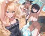  3girls animal_ear_fluff animal_ears arm_up armpits ball bare_legs barefoot beach beachball bikini black_armband black_bikini black_hair black_one-piece_swimsuit blonde_hair blue_archive blush braid breasts cleavage collarbone covered_navel flower fox_ears frilled_one-piece_swimsuit frills grey_hair hair_flower hair_ornament halo halterneck hat highres hinata_(blue_archive) large_breasts leaning_forward looking_at_viewer mari_(blue_archive) mari_(swimsuit)_(blue_archive) mat multiple_girls navel one-piece_swimsuit osdosdosd outdoors parasol sakurako_(blue_archive) selfie side-tie_bikini_bottom small_breasts smile stomach sun_hat swimsuit teeth twin_braids umbrella upper_teeth_only white_bikini 