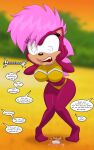  10:16 after_transformation anthro beach big_breasts breasts clothing eulipotyphlan female freaking_out hair hand_on_face hedgehog hi_res looking_down mammal maroon_body open_mouth pink_hair runningtoaster screaming seaside sega solo sonia_the_hedgehog sonic_the_hedgehog_(series) sonic_underground swimwear teeth_showing 