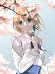  1girl ahoge artoria_pendragon_(fate) blonde_hair blue_eyes blue_ribbon blue_skirt blue_sky braid branch breasts cherry_blossoms dango dress_shirt fate/stay_night fate_(series) food french_braid hair_bun hair_ribbon highres kino_kokko long_hair long_sleeves looking_at_viewer medium_breasts ribbon saber shirt sidelocks skirt sky solo wagashi white_shirt 