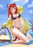 1girl absurdres arknights ball bare_legs bare_shoulders beachball bikini black_bikini blue_sky breasts cloud commentary daqingzao day hair_intakes highres horns jacket kneeling large_breasts long_hair looking_at_viewer navel off_shoulder open_clothes open_jacket parted_lips purple_eyes red_hair side-tie_bikini_bottom sky solo stomach surtr_(arknights) swimsuit thighs very_long_hair yellow_jacket 