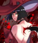  1girl back black_choker black_hair choker green_eyes guilty_gear guilty_gear_strive hat highres i-no k_irvine3 looking_at_viewer looking_back mole mole_above_mouth red_headwear red_leather red_lips short_hair upper_body witch_hat 