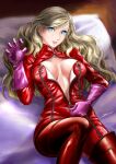  1girl albyee blonde_hair blue_eyes bodysuit breasts claw_pose commission english_commentary gloves hair_down hair_ornament hairclip hand_up long_hair lying medium_breasts on_back parted_lips persona persona_5 pink_gloves red_bodysuit simple_background solo takamaki_anne unzipping wavy_hair white_background zipper zipper_pull_tab 