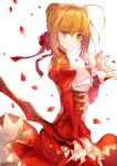  1girl aestus_estus ahoge blonde_hair bow braid epaulettes fate/extra fate/grand_order fate_(series) french_braid hair_bow hair_intakes highres looking_at_viewer nero_claudius_(fate) nero_claudius_(fate/extra) petals puffy_sleeves red_bow smile solo supera sword weapon white_background wide_sleeves wind 