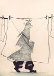  1girl clothes_pin clothesline commentary english_commentary from_side fujiwara_no_mokou full_body greyscale hat kamishirasawa_keine laundry long_hair monochrome puffy_pants see-through_silhouette shoes simple_background touhou very_long_hair walking xmzhier 