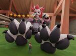  2023 3d_(artwork) 4_toes anthro canid canine claws clip_(fortnite) digital_media_(artwork) duo dwighteisenhower epic_games extreme_size_difference feet female fortnite fox fur hair hi_res human kimiko_five_tails mammal micro pawpads pink_hair sitting sitting_on_ground size_difference toe_claws toes white_body white_fur 