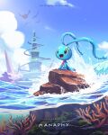  :d blue_eyes character_name cloud commentary copyright_name coral day highres kelvin-trainerk manaphy no_humans open_mouth outdoors partially_underwater_shot pokemon pokemon_(creature) sky smile tongue twitter_username water 
