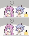  2girls bare_arms blue_eyes blue_hair chopsticks clock collar commentary cup cup_ramen eating gynoid_talk hair_flaps highres hikimayu holding holding_chopsticks holding_cup horns kettle long_hair low_twintails meika_hime meika_mikoto multiple_girls multiple_views pink_eyes pink_hair rokushaku_(69jack4) sailor_collar shirt short_hair sleeveless sleeveless_shirt spot_the_differences steam twintails upper_body vocaloid wall_clock white_collar white_shirt 