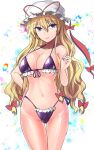  1girl bikini blonde_hair bow breasts cleavage closed_mouth commentary_request hair_bow hat hat_ribbon highres large_breasts long_hair looking_at_viewer low-tied_long_hair mob_cap one-hour_drawing_challenge purple_bikini purple_eyes red_bow red_ribbon ribbon smile solo swimsuit touhou wavy_hair white_background white_headwear y2 yakumo_yukari 