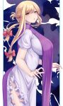  1girl absurdres blonde_hair bow breasts commentary_request dress from_side hair_bow highres huge_breasts long_hair looking_at_viewer mirufui no_headwear open_mouth red_bow short_sleeves solo tabard touhou white_dress yakumo_yukari yellow_eyes 