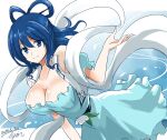  1girl absurdres blue_dress blue_eyes blue_hair breasts cleavage closed_mouth commentary_request dated dress flower hair_rings highres hisin kaku_seiga looking_at_viewer shawl sidelocks signature simple_background smile solo touhou vest white_background white_flower white_vest 