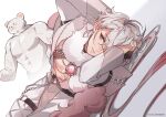  1boy abs ahoge brown_eyes cioccolatodorima grey_hair highres humanization jacket long_sleeves male_focus muscular nu_carnival one_eye_covered open_clothes open_mouth pants short_hair solo topper_(nu_carnival) white_jacket white_pants 