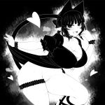  1girl :d animal_ears blunt_bangs bottomless bow braid breasts cat_ears cat_girl cat_tail cleavage clothes_pull collarbone commentary_request cross-laced_clothes curvy detached_collar dress dress_pull extra_ears fang greyscale groin hair_bow haseru_(ginku_mh) heart kaenbyou_rin large_breasts leg_ribbon looking_at_viewer monochrome multiple_tails nekomata open_mouth pointy_ears pulled_by_self ribbon short_sleeves side_braid sidelocks skin_fang smile solo tail thigh_strap touhou two_tails wrist_cuffs 