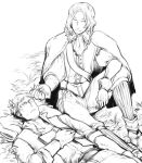  axis_powers_hetalia book cape flower france_(hetalia) frown glasses gloves grass hair_flower hair_ornament holding holding_flower light_smile lineart long_hair looking_at_another looking_down male_focus medieval on_grass open_book simple_background sleeping sweden_(hetalia) tori_(driftwood) white_background 
